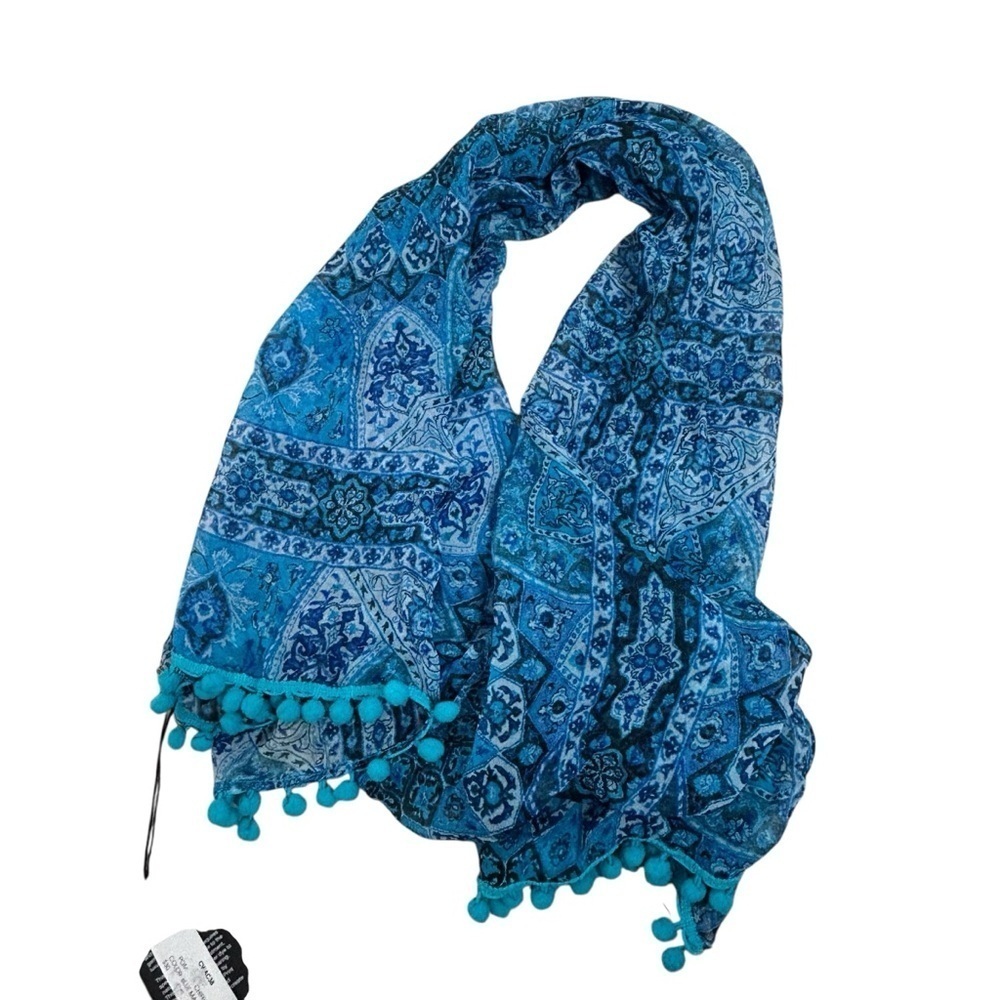Chaser Women's Printed Pom Pom Sarong/Scarf/Shawl Blue - Picture 2 of 9